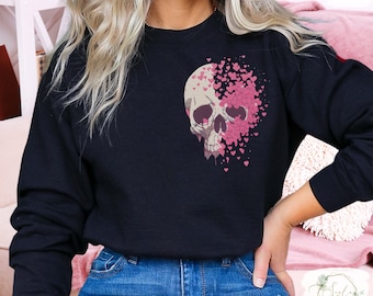 Skeleton Heart Valentine's Sweatshirt, Cute Galentine's Day Casual Top, Unique Anti-Valentine's Black Sweater