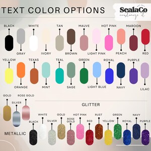 a variety of text color options, including black, white, tan, maroon, hot pink, mauve, and glitter, along with their corresponding colors. The options are presented in a visually appealing manner, with each color represented by a unique color image.