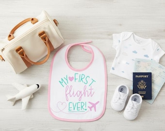 Babys First Flight Bib Personalized Vacation Outfit Custom Travel Accessory for Infant Trips Airport Photo Moments and Family Journey Use