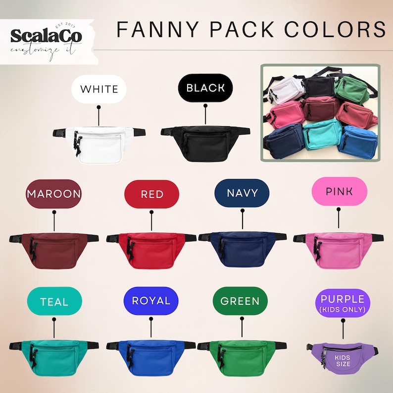 a variety of colorful fanny pack designs, including white, black, maroon, red, navy, pink, teal, royal, green, purple, and kids size.