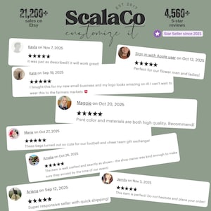 The image is a collage of various customer reviews for a seller named Scalco, featuring different people's opinions about the seller's products and services.