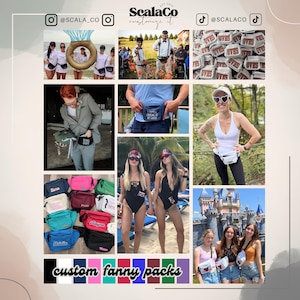 The image is a collage of various images featuring custom fanny packs, beachwear, and people enjoying themselves.