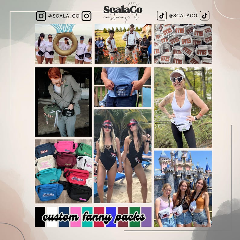 The image is a collage of various images featuring custom fanny packs, beachwear, and people enjoying themselves.