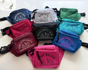 Camp Bachelorette Party Fanny Pack Custom Bridal Birthday Group Hiking Bum Bag Personalized Waist Pack for Outdoor Weekend Events Girls Trip