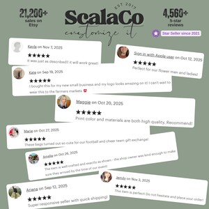 The image is a collage of various customer reviews for a seller named Scalco, featuring different people's opinions about the seller's products and services.
