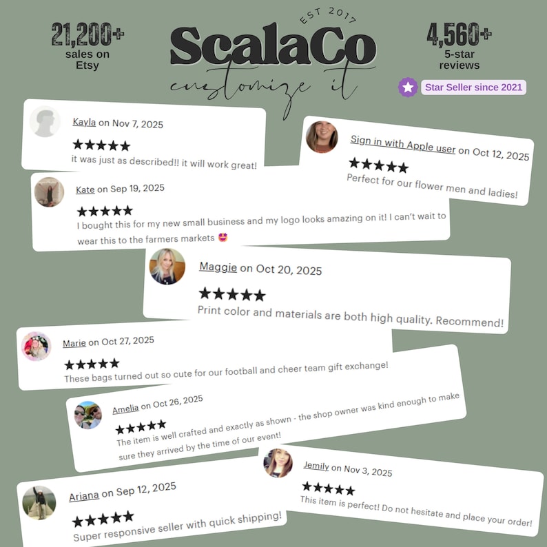 The image is a collage of various customer reviews for a seller named Scalco, featuring different people's opinions about the seller's products and services.