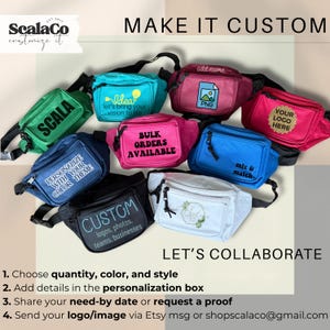 a collection of colorful fanny packs, each with unique designs and text, arranged on a light background.