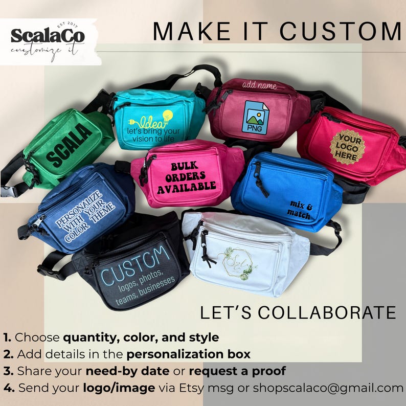 a collection of colorful fanny packs, each with unique designs and text, arranged on a light background.