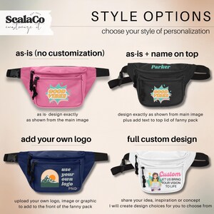 four different style options for a fanny pack, each with a unique design and customization. The options include a pink fanny pack with no customization, a black fanny pack with a name on top, a pink fanny pack with a "Good Vibes" design, and a white fanny pack with a custom design featuring a woman and the phrase "Let us bring your idea to life".