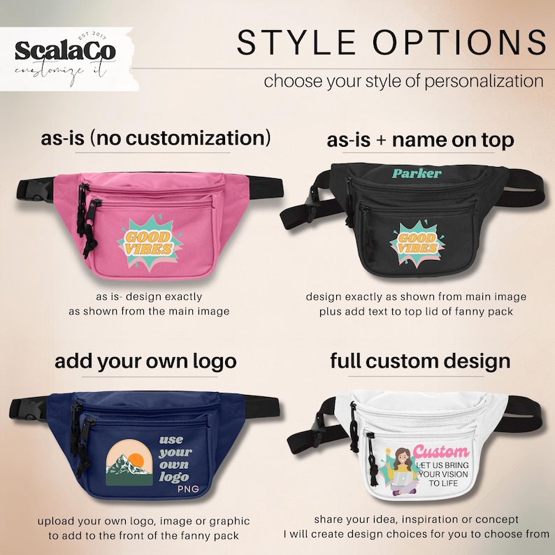 four different style options for a fanny pack, each with a unique design and customization. The options include a pink fanny pack with no customization, a black fanny pack with a name on top, a pink fanny pack with a "Good Vibes" design, and a white fanny pack with a custom design featuring a woman and the phrase "Let us bring your idea to life".