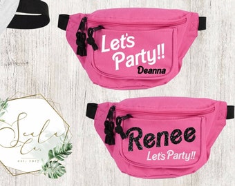 Pink Theme Let's go Party Retro Personalized Fanny Packs / Custom hot pink Bachelorette/Birthday/Girl's Trip Waist bag/ 90's 80's bum bag