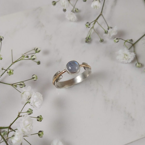 Mixed Metal Rainbow Moonstone Ring / Hammered Sterling Silver and Gold Filled Moonstone Ring / Grace Lilly Designs