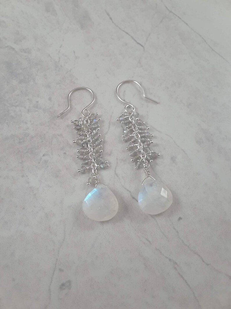 Drop Rainbow Moonstone and Labradorite earrings long gemstone earrings wedding earrings Grace Lilly Designs