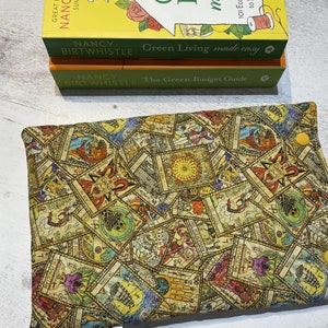 Book sleeve, handmade, book pouch, Book protector, padded Book sleeve, Book cosy. Tarot card fabric.