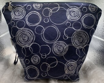 Large  blue with white swirls fabric zipped project bag  11" x 9" approx to fit all your craft supplies in, make up, gadgets etc