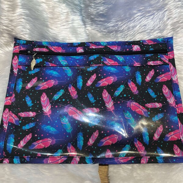 Feather cotton fabric, vinyl front 13" x 10" project bag, ideal storage for cross stitching, knitting, gadgets, makeup, etc