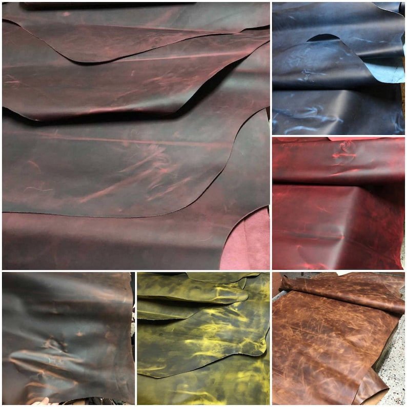 May include: A collage of six different leather hides in various colors, including red, brown, blue, and yellow. The leather has a distressed, vintage look.