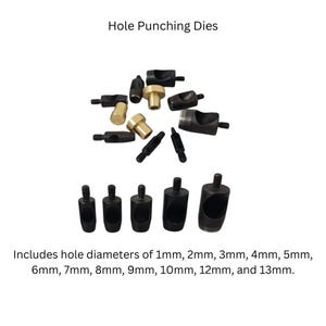 May include: A set of 12 hole punching dies in various sizes, ranging from 1 mm to 13 mm. The dies are made of black metal and have a silver finish. The dies are arranged in a random pattern on a white background.