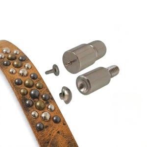 Peut inclure: Une lanière en cuir beige ornée de divers clous métalliques aux tons argentés, laiton et gris foncé, accompagnée de deux outils de pose cylindriques en métal et de deux rivets métalliques détachés pour fixer les clous sur le cuir.