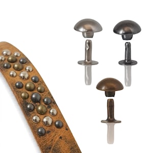 Peut inclure: Une lanière en cuir beige ornée de nombreux clous métalliques ronds aux finitions argentée, laiton et gris foncé, accompagnée de trois jeux de rivets métalliques assortis en tons argent, gris foncé et laiton présentés sur la droite.