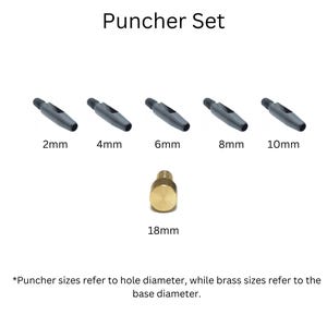 May include: A set of five black metal hole punchers with different sizes: 2mm, 4mm, 6mm, 8mm, and 10mm. There is also a single brass punch with a 18mm diameter. The text "Puncher Set" is at the top of the image. The text "*Puncher sizes refer to hole diameter, while brass sizes refer to the base diameter." is at the bottom of the image.