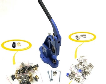 Handpersmachine + set met 36 stansvormen: klinknagel, doorvoertule, oogje, kliksluiting - leren gereedschap
