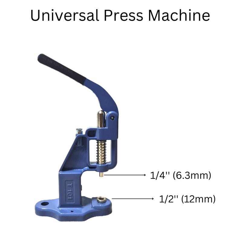 May include: Blue metal universal press machine with a lever and a spring. The machine has two settings: 1/4" (6.3mm) and 1/2" (12mm).