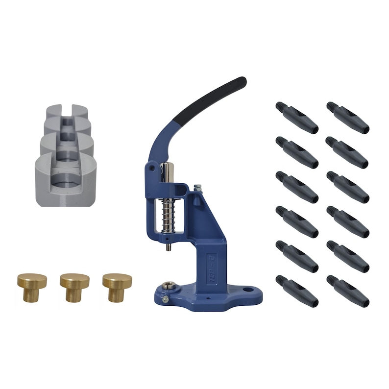 May include: A blue metal button press machine with a black handle, a set of 18 black metal button dies, three gold metal buttons, and a gray plastic button mold.