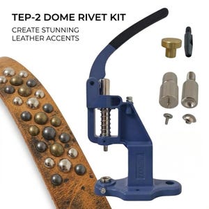 May include: A TEP-2 dome rivet kit featuring a blue manual hand press machine with a black handle, various metal setting dies, and small silver and brass rivets. A tan leather strap decorated with multiple dome-shaped metal rivets is included.