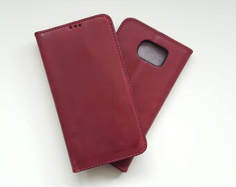 Étui à rabat fait main en cuir véritable pour Samsung Galaxy S6, rouge bordeaux, pour S6