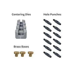 May include: A set of metal hole punches, centering dies, and brass bases. The hole punches are black and the centering dies and bases are gray and gold.