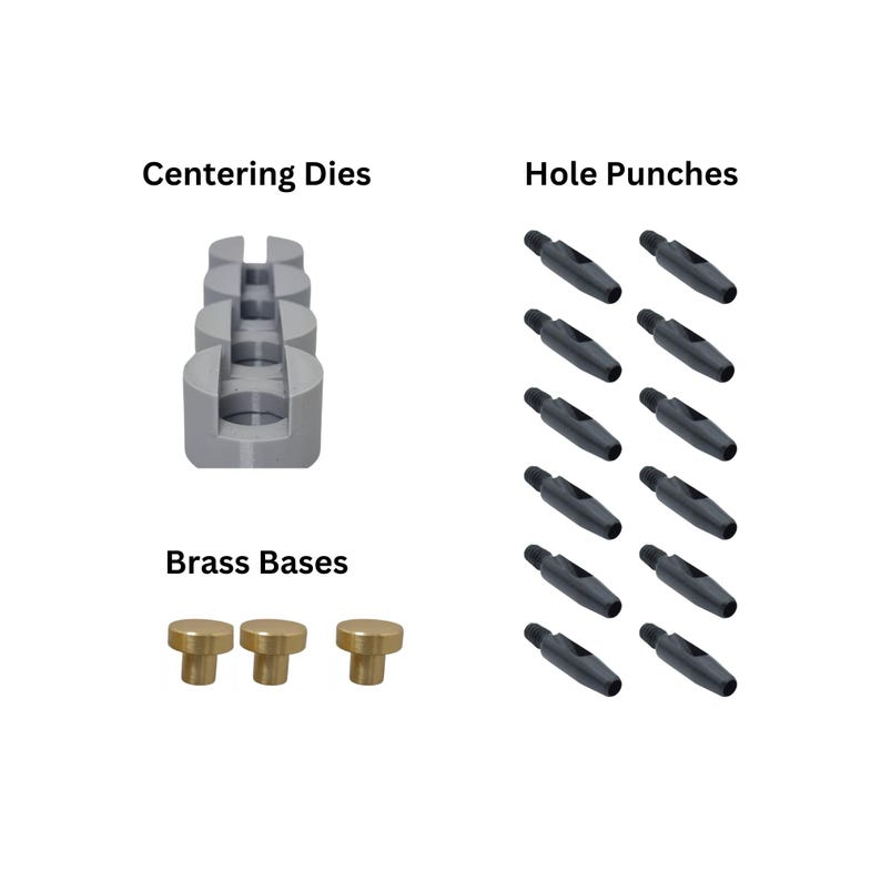 May include: A set of metal hole punches, centering dies, and brass bases. The hole punches are black and the centering dies and bases are gray and gold.