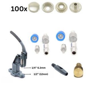 May include: A set of 100 silver-toned snap fasteners with a silver-toned metal press tool. The set includes 1/4 inch (6.3 mm) and 1/2 inch (12 mm) snap fasteners. The press tool has a lever and a base.