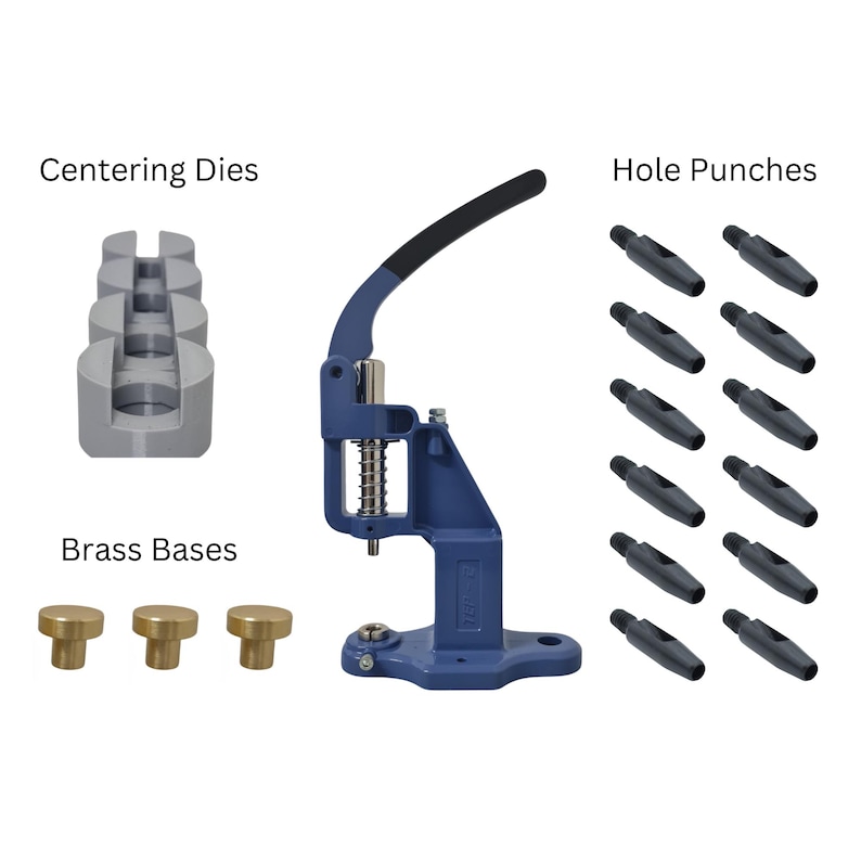 May include: A blue metal hand press with a black handle, used for making holes in materials. The press is accompanied by a set of 12 black hole punches, 3 brass bases, and a gray centering die.
