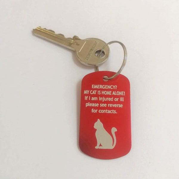 Pet emergency keyring. Personalised, Engraved, Home Alone Safety fob key chain. Cat Safety help SOS ICE