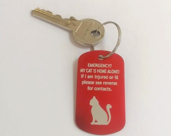 Pet emergency keyring. Personalised, Engraved, Home Alone Safety fob key chain. Cat Safety help SOS ICE