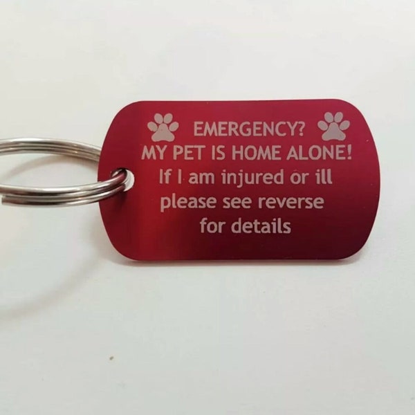 Pet Emergency Keyring Personalised, Engraved, Dog/cat, Animal, Pet Home Alone Safety fob key chain. Safety help SOS