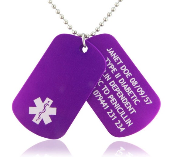 Aluminium Medical ID Alert Dog Tags, Personalised Engraved