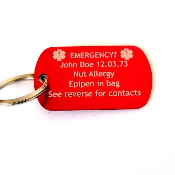 Medical Emergency ICE Keyring Personalised, Engraved, Anodised Aluminium. Allergy/Diabetes / Blood group / Altzheimer's Epipen / Autism