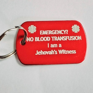 No Blood Transfusion MedicaI Alert Keyring, Personalised, Engraved, Jehovah’s Witness, Mormon, Religion