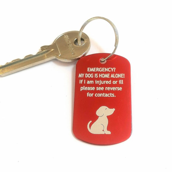 Pet Emergency Keyring. Personalised, Engraved, Home Alone pet Safety fob key chain. Dog Safety help SOS ICE