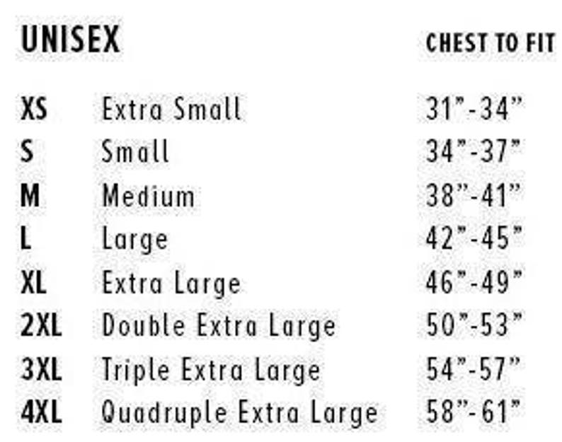 May include: Unisex size chart showing chest measurements in inches for extra small to quadruple extra large.