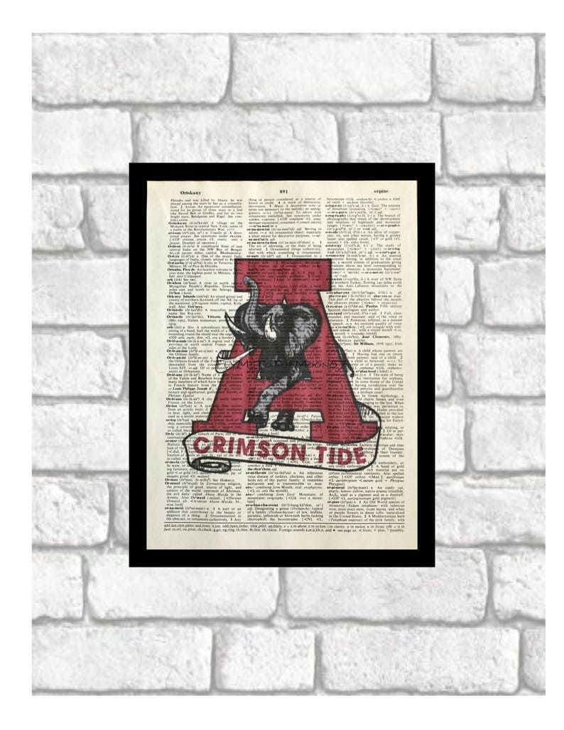 University Of Alabama Crimson Tide Wall Art Collegiate Football Crimson Tide Print Art On 8x10 Upcycled Dictionary Page