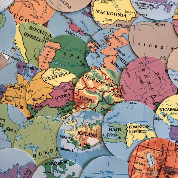 Vintage Map Confetti ~ World map Circles ~ Atlas Decor ~Travel Party Decor Map Cut Outs ~ Atlas Circles