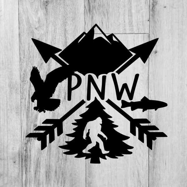 Pacific Northwest, PNW, Bigfoot, Evergreen, Mountains, Washington, Oregon, Idaho, Eagle, Fish, svg, png, dxf
