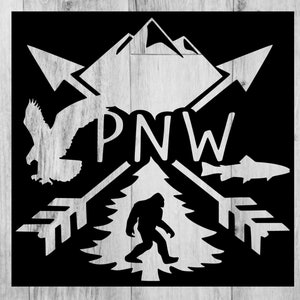 PNW, Noroeste Pacífico, Washington, Oregon, Idaho, Pesca, Pé Grande, Bosques, Montanhas, Exterior, Caminhadas, Águia, Decalque de carro, svg, png, dxf