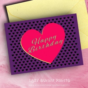 Printable Birthday Card With Pink Heart, Instant Download, 5"x7" and A6 Format, Baby Girl, 90s Retro Style, Print At Home