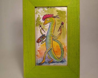 Artistic Lizard original watercolor painting framed