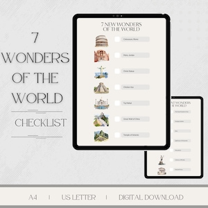 May include: Two digital tablets displaying a checklist of the 7 New Wonders of the World. The larger tablet shows watercolor illustrations of each wonder, with the text "7 Wonders of the World Checklist". The smaller tablet shows a similar list.