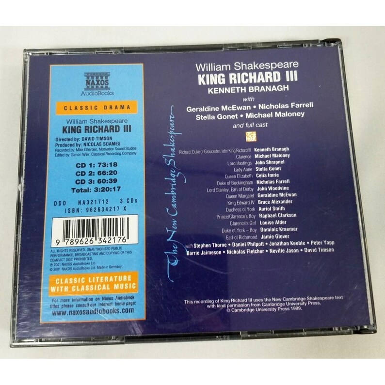 May include: A CD case for William Shakespeare's "King Richard III" by Naxos Audiobooks. The cover features the title, cast, and a blue and yellow logo. The CD case includes the text "Classic Drama" and "Classic Literature with Classical Music."
